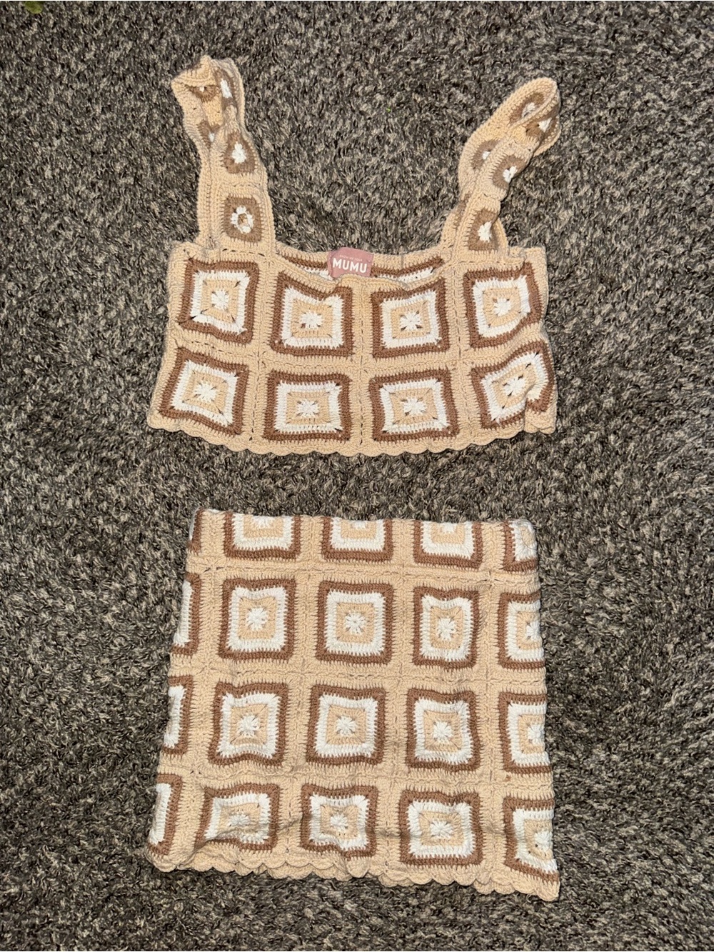 Show Me Your MuMu Beige & Brown Crochet Bandeau Crop Top and Skirt Set